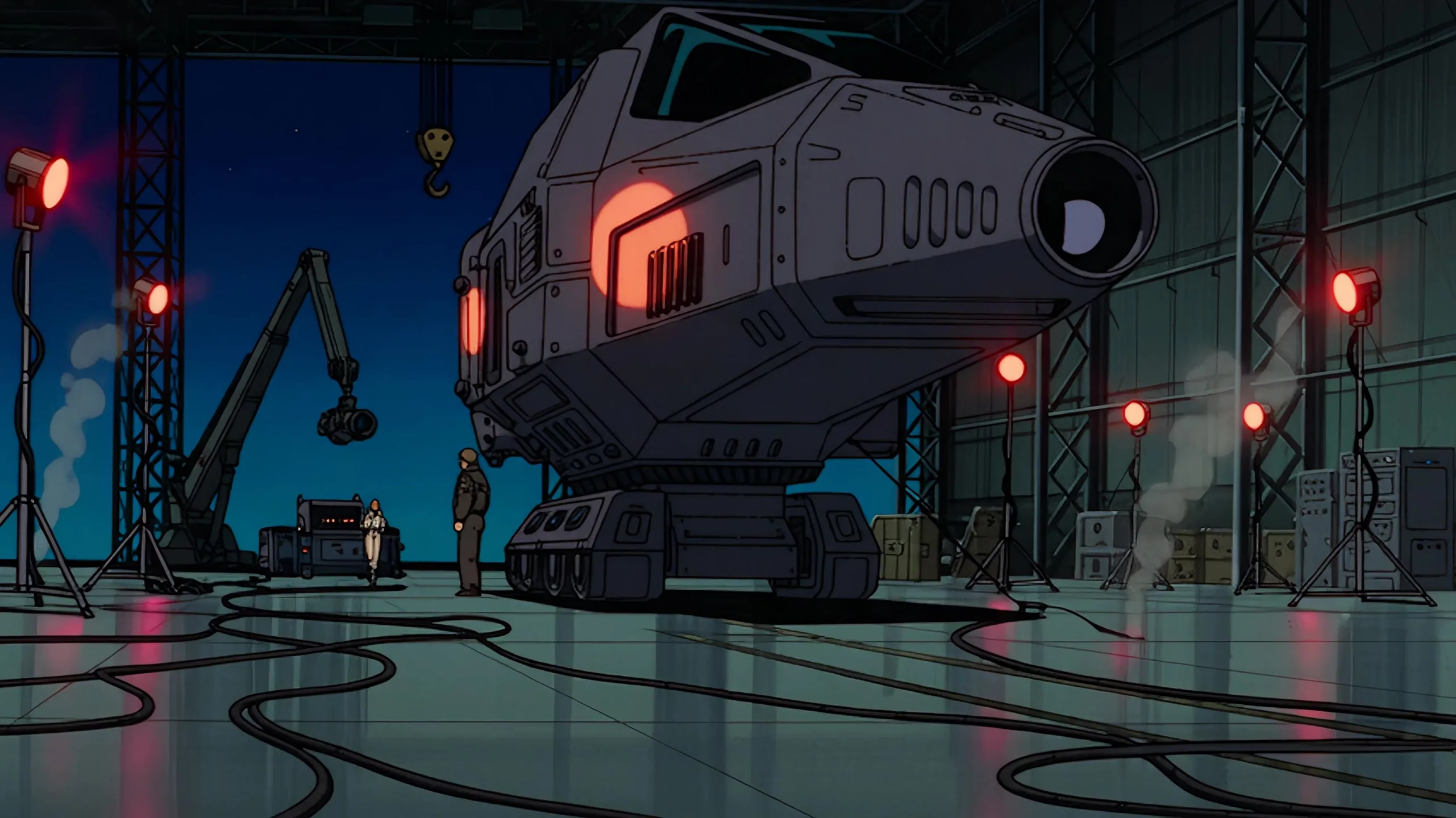 A hand-painted 1980s cel-anime launch sequence: under red beacons in a night hangar a pilot in a white flight suit steps away from her launch craft and runs; in the cockpit a scan light crosses her eyes; on a clifftop the craft fires its twin engines and streaks up into the night sky.