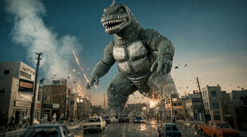 A 1970s monster film on grainy 16mm: a giant scaly monster stamps through a miniature city in smoke and sparks; a zipper opens down its back, the head comes off, and the empty suit slumps across the street, where one tiny figure walks up and pokes it with a stick.