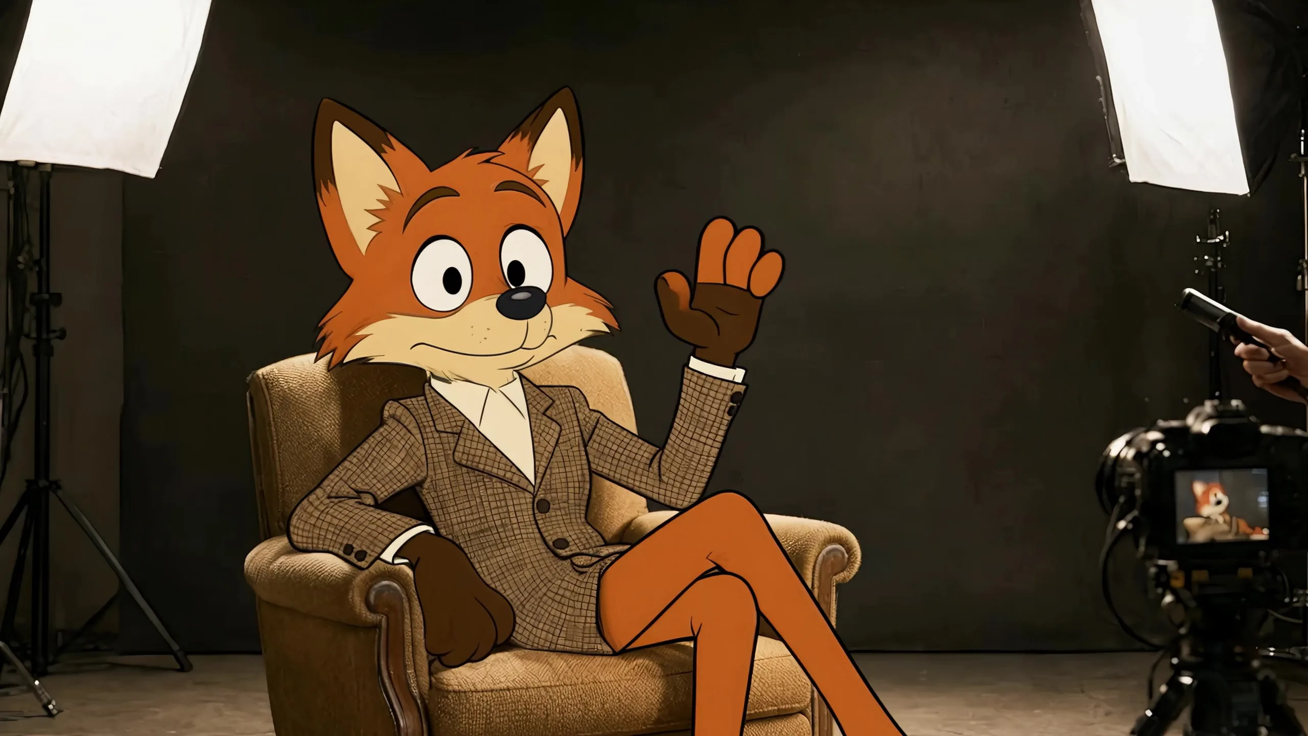 A photographed film studio: softboxes, a camera on sticks with its red tally light, and a hand-drawn cartoon fox in a tweed jacket sitting in a real armchair; a hand clips on its microphone, a hand powders its nose, it sneezes until its fur stands on end, then smooths itself down and gives the camera a deadpan thumbs-up.